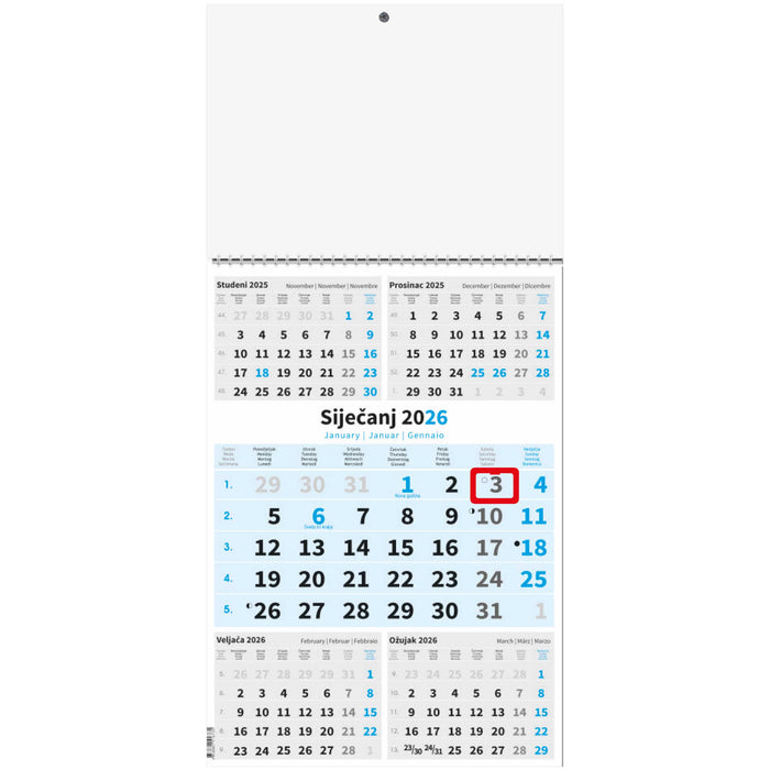Zidni trodijelni kalendar s 5 mjeseci