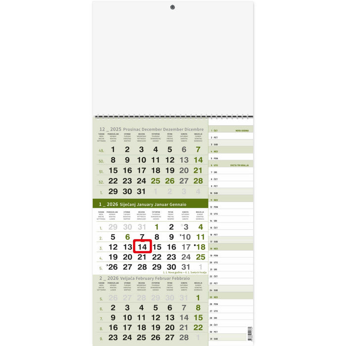 Kalendar zidni trodijelni s planerom