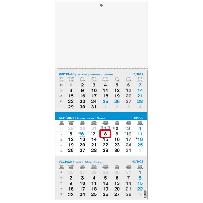 Zidni trodijelni kalendar plavo-sivi
