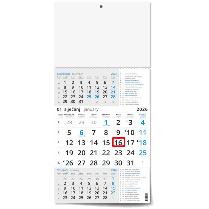 Zidni poslovni trodijelni kalendar s katoličkim kalendarom