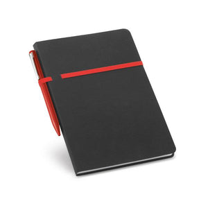 Promotivni notes A5 s horizontalnom gumicom i kemijskom olovkom, crvene boje | Poslovni pokloni