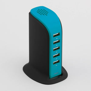 Promotivna stolna stanica za punjenje s 5 USB ulaza, tirkizne boje | Poslovni pokloni