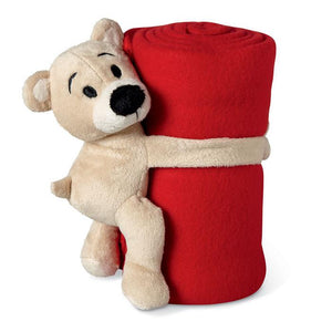 Promotivna flis deka s plišanim medvjedićem, crvene boje | Poslovni pokloni