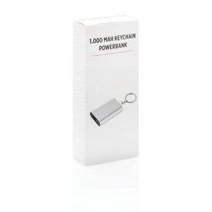 Poslovni pokloni | Promo pokloni | 1.000 mAh promotivna rezervna baterija / powerbank s reklamnim privjeskom za ključeve za tisak logotipa u poklon pakiranju, srebrne boje