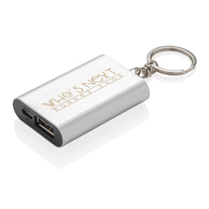 Poslovni pokloni | Promo pokloni | 1.000 mAh promotivna rezervna baterija / powerbank s reklamnim privjeskom za ključeve s tiskom logotipa, srebrne boje