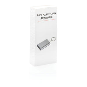 Poslovni pokloni | Promo pokloni | 1.000 mAh promotivna rezervna baterija / powerbank s reklamnim privjeskom za ključeve za tisak logotipa u poklon pakiranju, sive boje