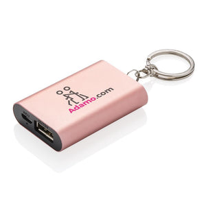 Poslovni pokloni | Promo pokloni | 1.000 mAh promotivna rezervna baterija / powerbank s reklamnim privjeskom za ključeve s tiskom logotipa, ružičaste boje