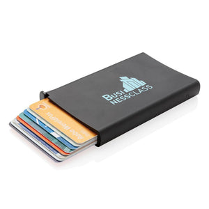 Promotivni aluminijski držač kartica s RFID blokadom, crne boje, s tiskom loga | Poslovni pokloni